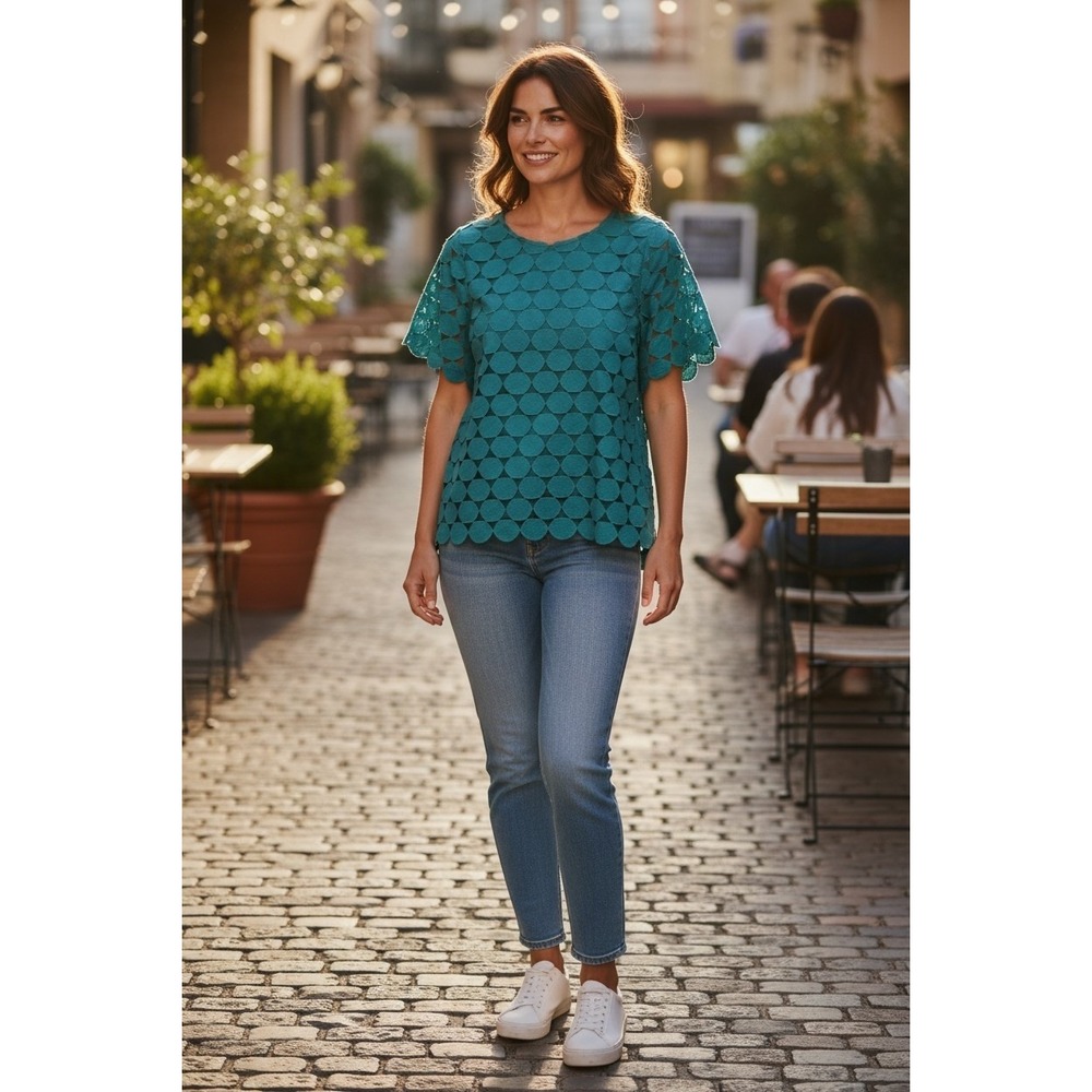 Umgee Teal Green Circle Textured Scallop Hem Blouse K8383 Womens Size Medium NEW